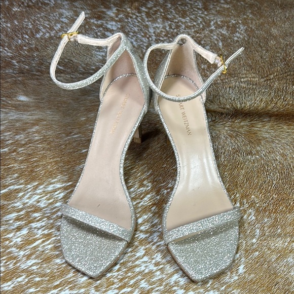 EUC Stuart Weitzman Nudistcurve 4” US 5, Silver Glitter Heels Sparkle Stiletto - Picture 14 of 14